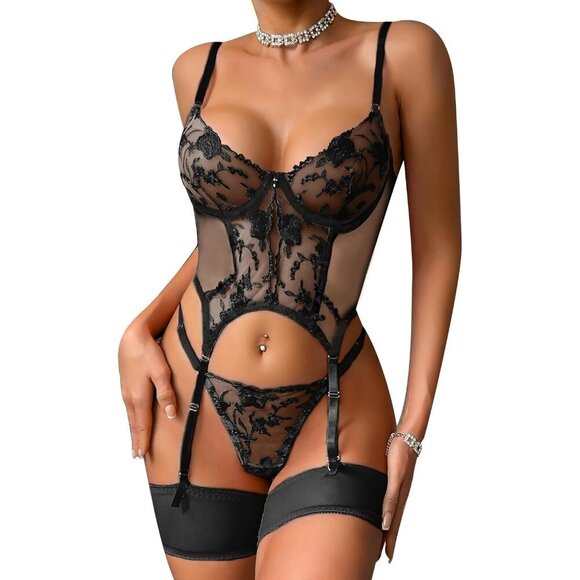 🆕Women Black Sexy Corset Teddy Lingerie 3 Piece with Garter Belt Lingerie Sets - Picture 1 of 6